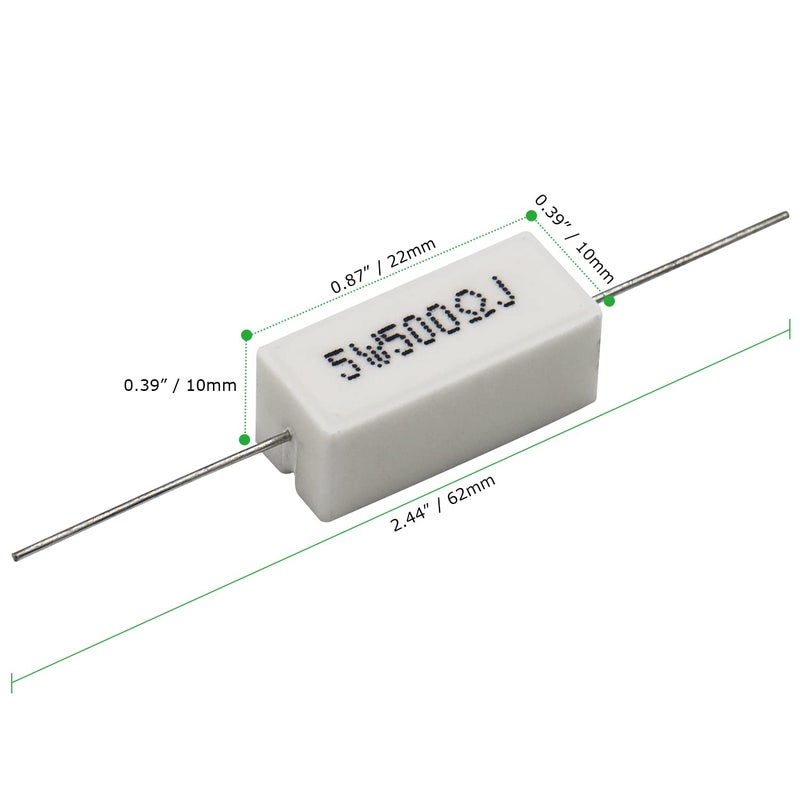Dimlove Cement Resistor,10 PCS 5W 500 Ohm 5% Axial Lead Wire Resistor White Wound Fixed Ceramic Cement Resistors Wirewound Cement Power Resistors Flame Heat Moisture Resistance Precharge Horizontal Resistors - Image 3
